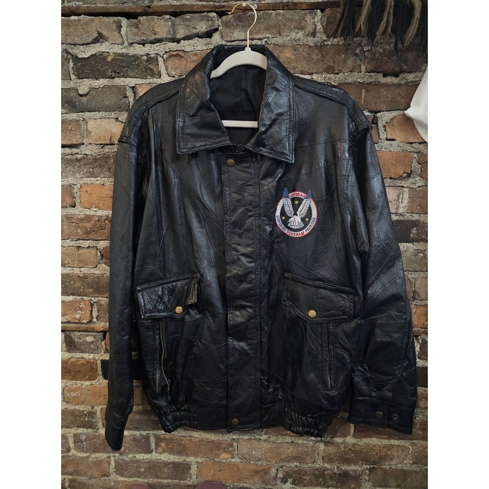 VTG VIETNAM VETERAN Mens patchwork Leather jacket coat bomber motocycle SIZE L